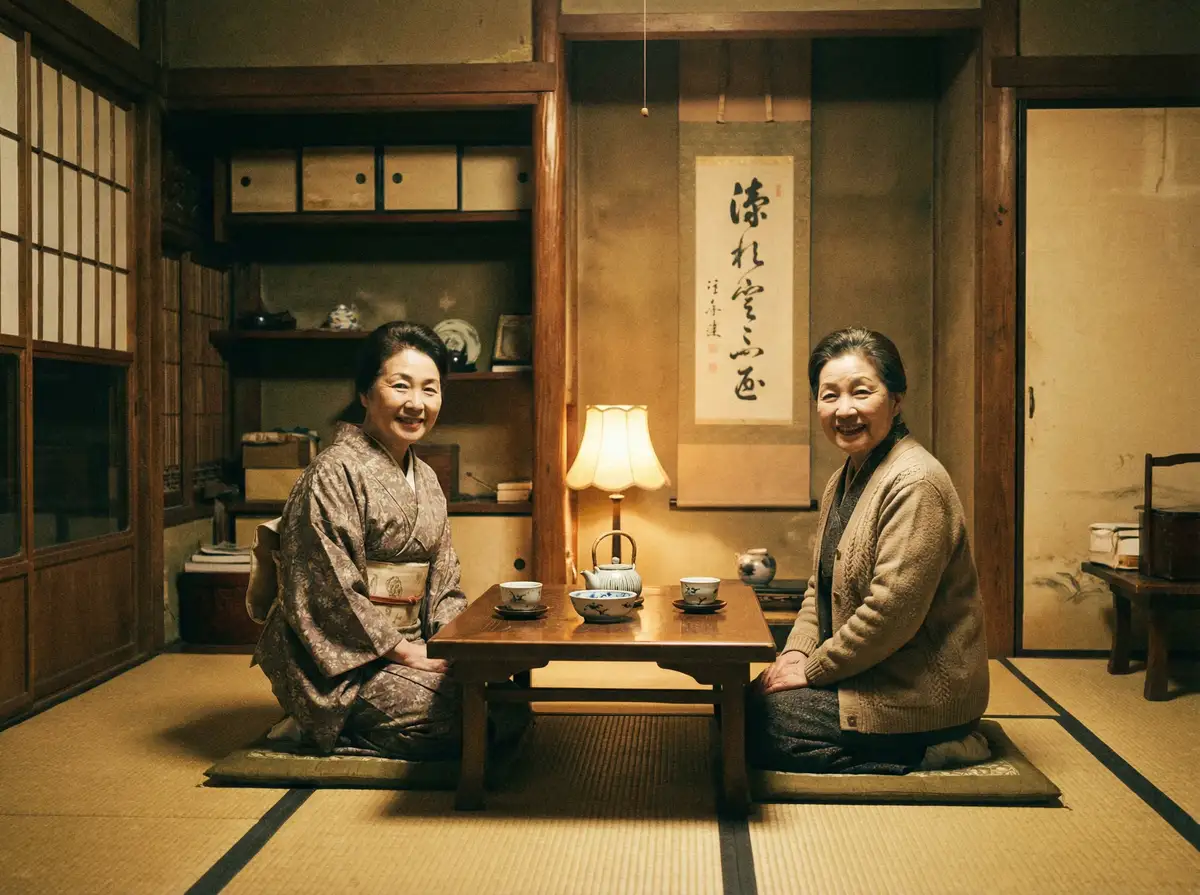 两位优雅的 靠逼视频 在日式茶室中品茶交谈